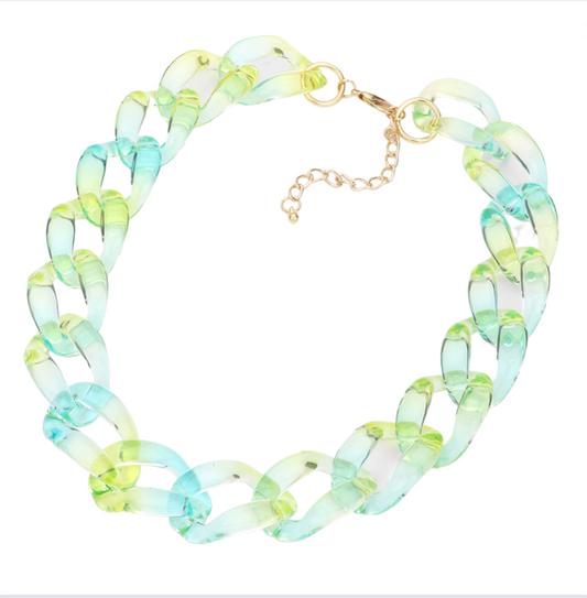 Lucite Resin Link Necklace-Green Multi