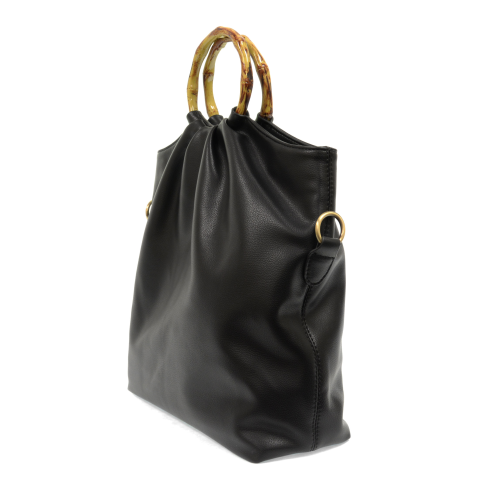 Stacey Bamboo Handle Foldover Tote Bag-Black